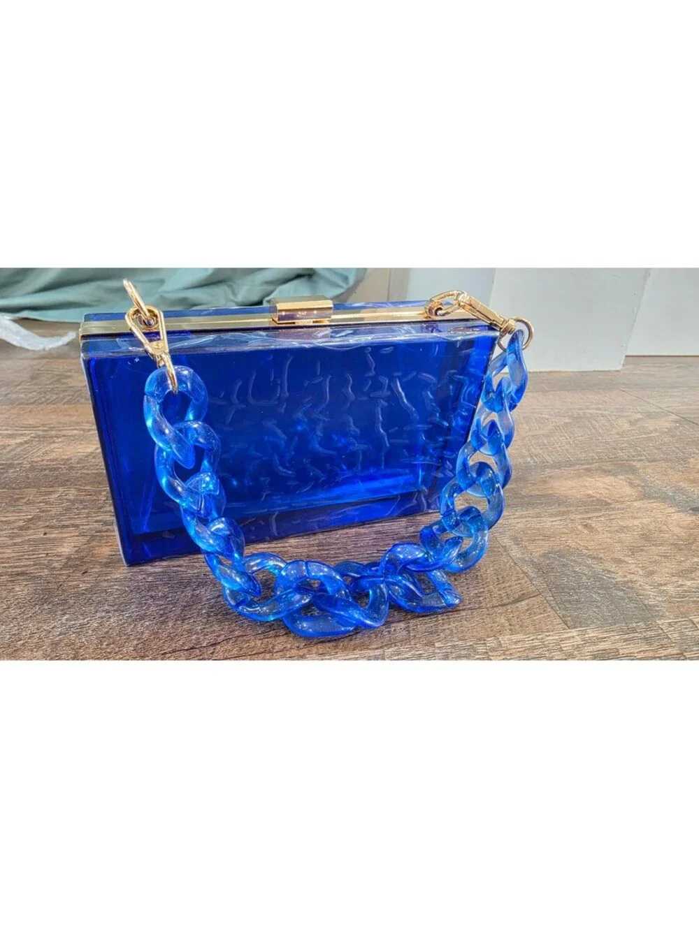 Modern Blue Acrylic Clutch Bag with Gold Hardware and Chain Handle